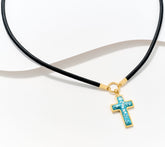 David Markstein GoldClad SS Roman Glass Cross Necklace 18"+2" Leather Cord
